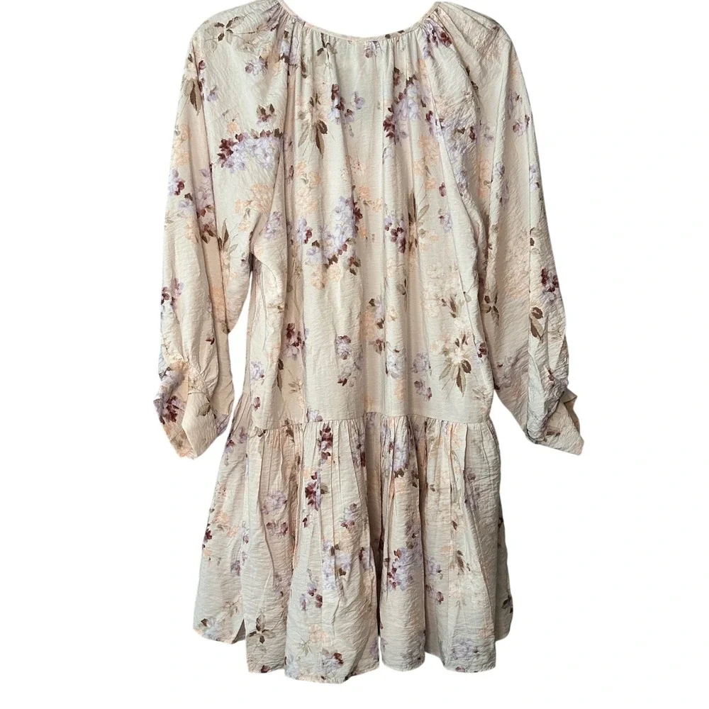H&M Floral Print Mini Dress‎ Long Sleeve Tiered Hem V Neck Beige Size S